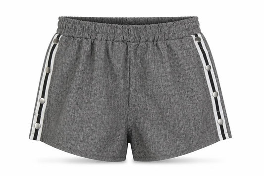 Front view of Runway Paris women’s grey polyester bermuda shorts, size S, 3-inch leg regular