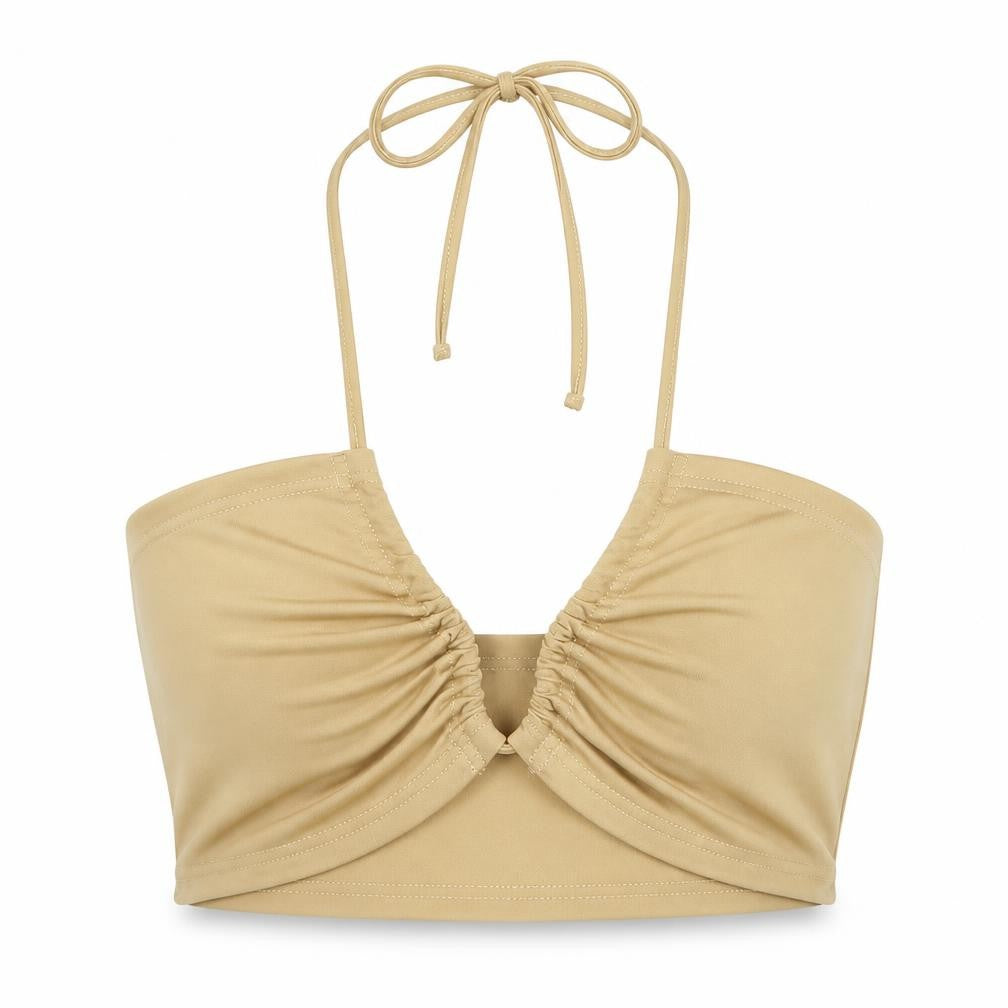 Front view of SHEIN women’s beige polyester cropped tank, size XS, halter