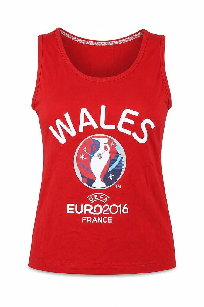 Front view of Euro 2016 women’s red cotton basic tank, size UK 10, round neck - wales