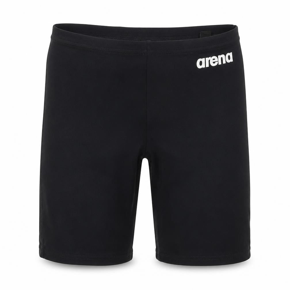 Front view of Arena boys’ black polyester biker shorts, size 12-13, years regular drawstring