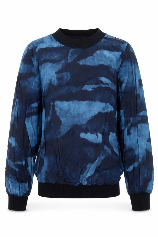 Front view of Gallery women’s blue geometric viscose pullover sweatshirt, size UK 8