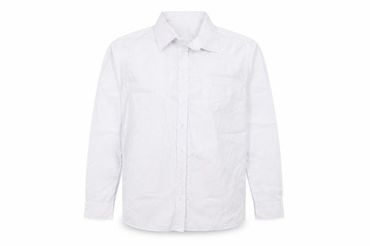 Front view of Matalan boys’ white polyester basic button-up, size 16, years collared - school