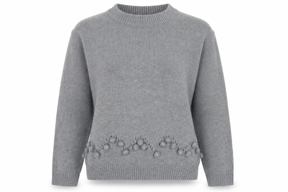 Front view of Studio women’s grey round neck acrylic jumper, size UK 16