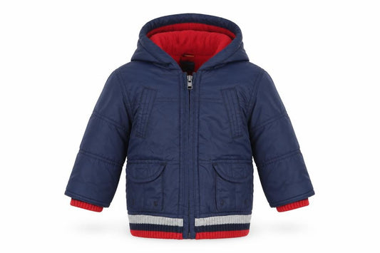 Front view of MINIMODE boys’ blue basic coat coat, size 6-9, months
