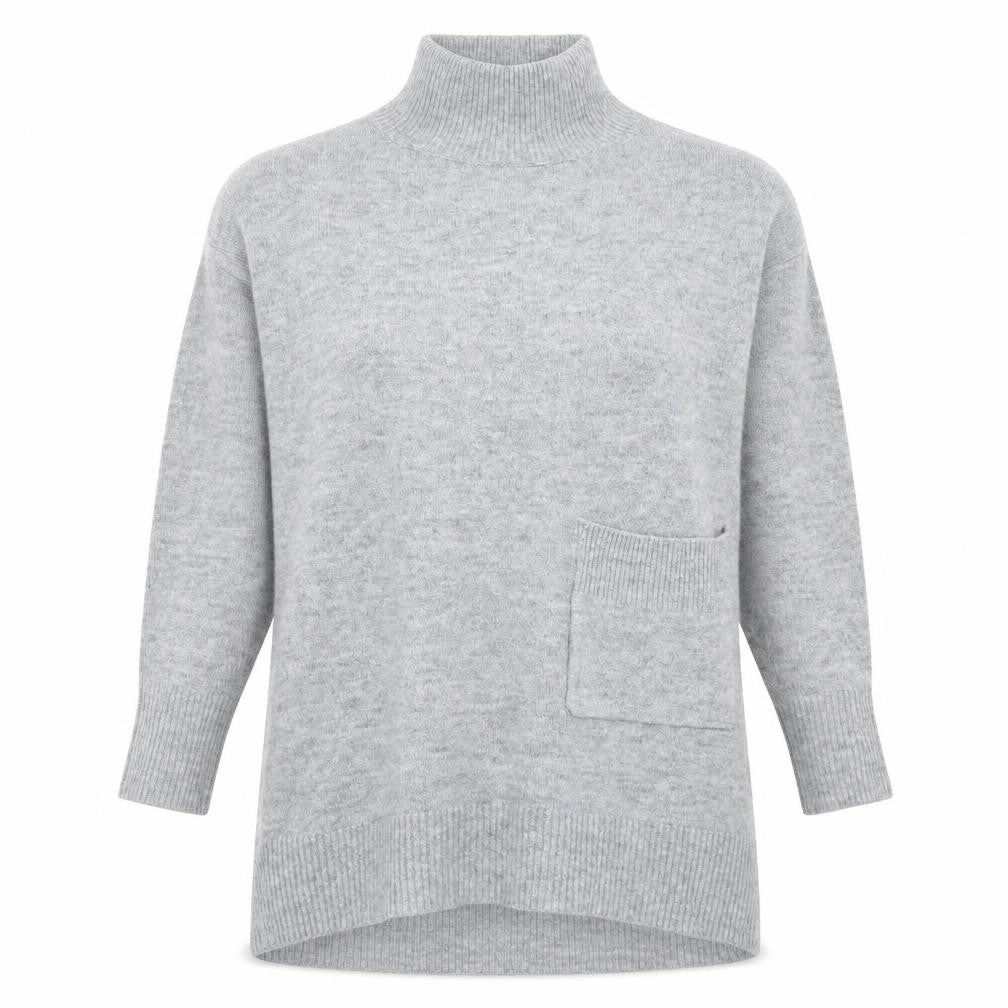 Front view of KLEY women’s grey high neck acrylic tunic jumper, size S