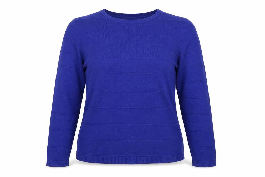 Front view of Mudflower women’s blue round neck acrylic jumper, size M