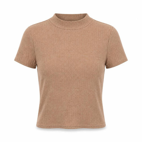 hsien Womens Brown  Polyester Cropped T-Shirt Size S Crew Neck