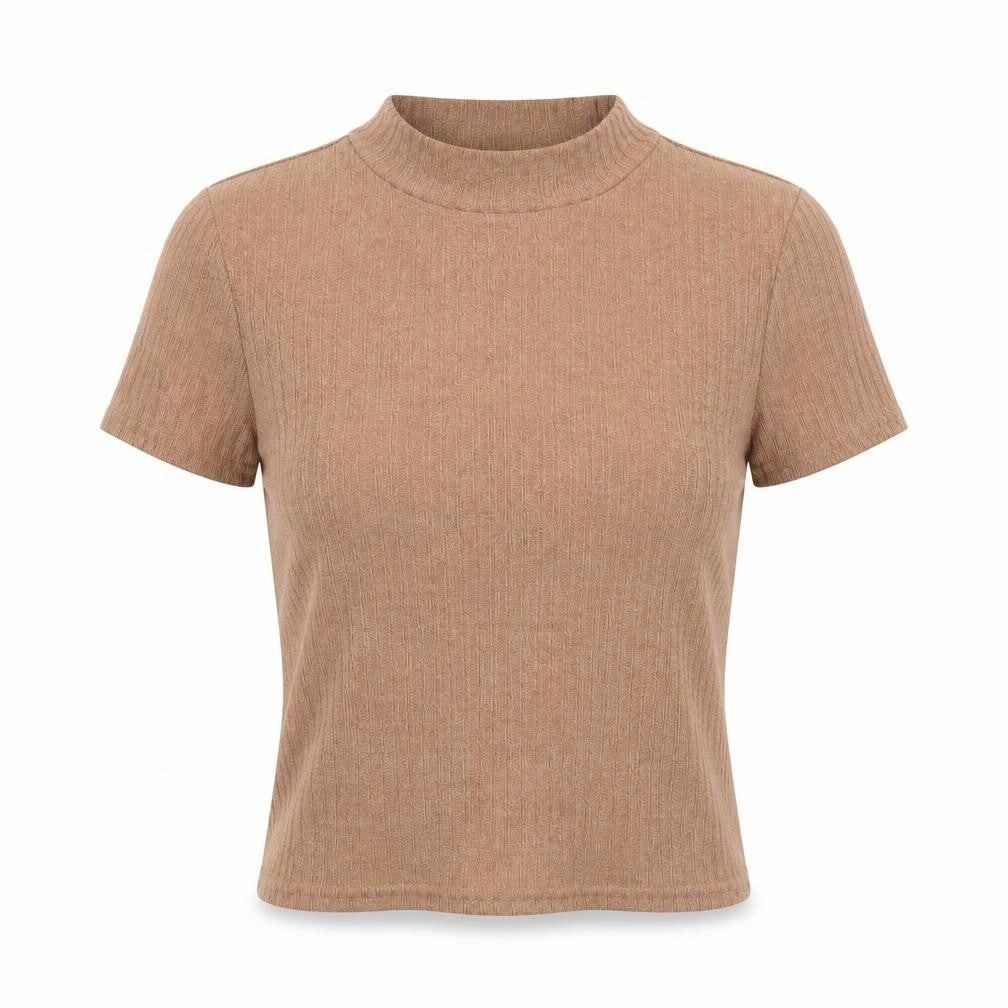 hsien Womens Brown  Polyester Cropped T-Shirt Size S Crew Neck