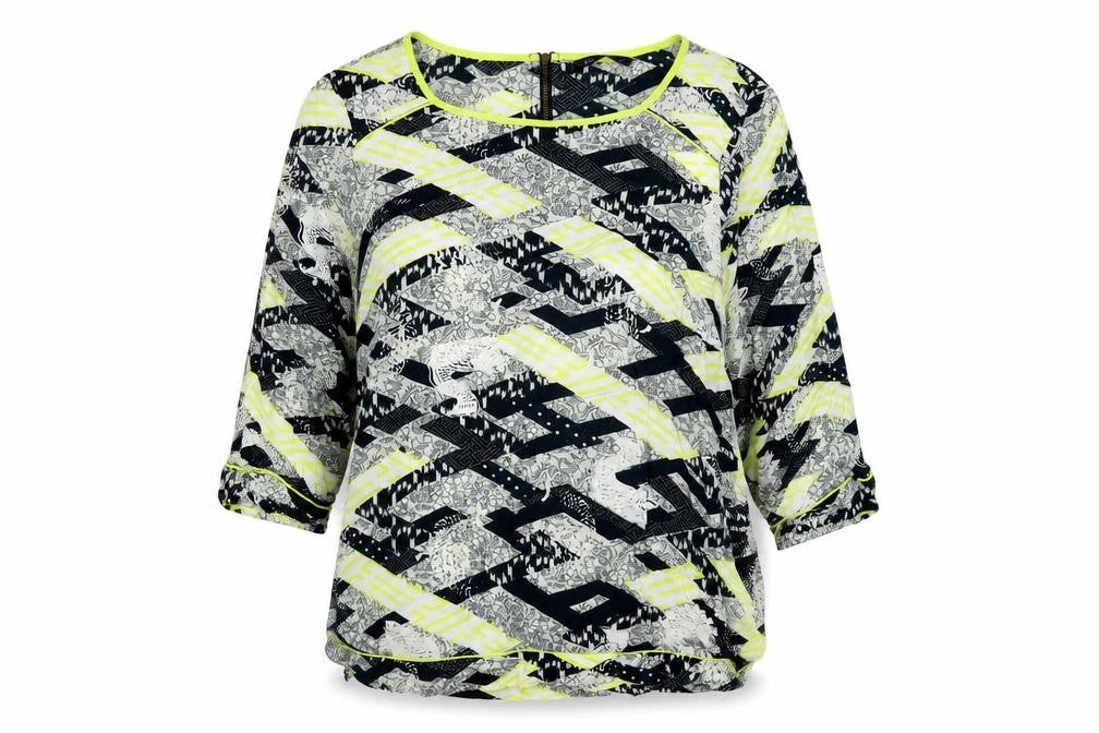 Front view of Marks & Spencer women’s blue geometric viscose basic blouse, size UK 16, round neck