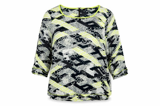 Front view of Marks & Spencer women’s blue geometric viscose basic blouse, size UK 16, round neck