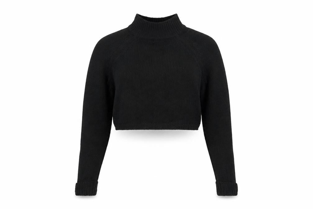 Front view of QED women’s black mock neck acrylic jumper, size M