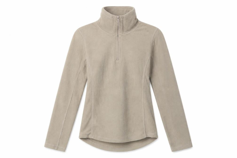 Front view of Real Clothing women’s beige polyester henley sweatshirt, size S, zip