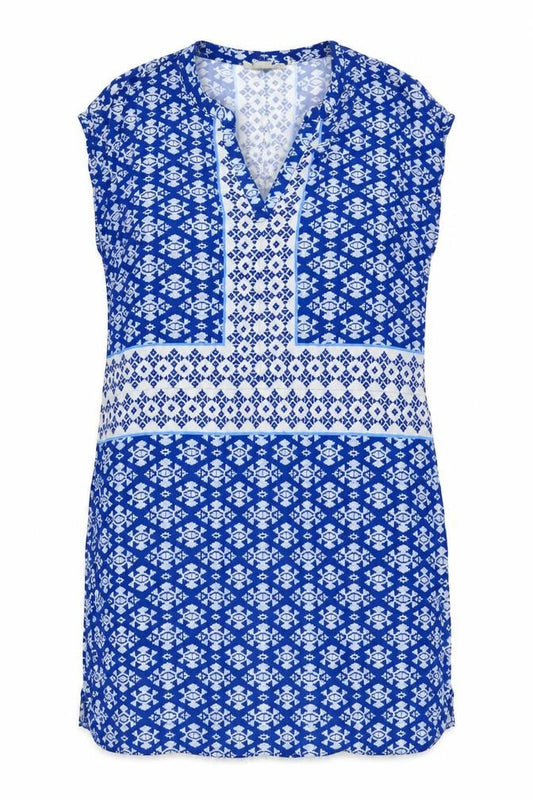 Front view of H&M women’s blue geometric viscose shift, size UK 12, v-neck