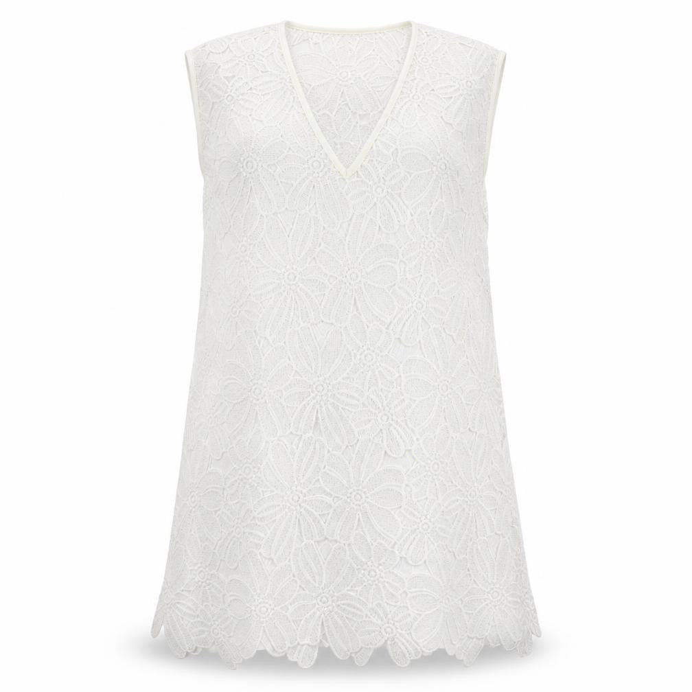 Front view of Atmosphere women’s white floral polyester mini, size M, v-neck pullover - beach cover up dress
