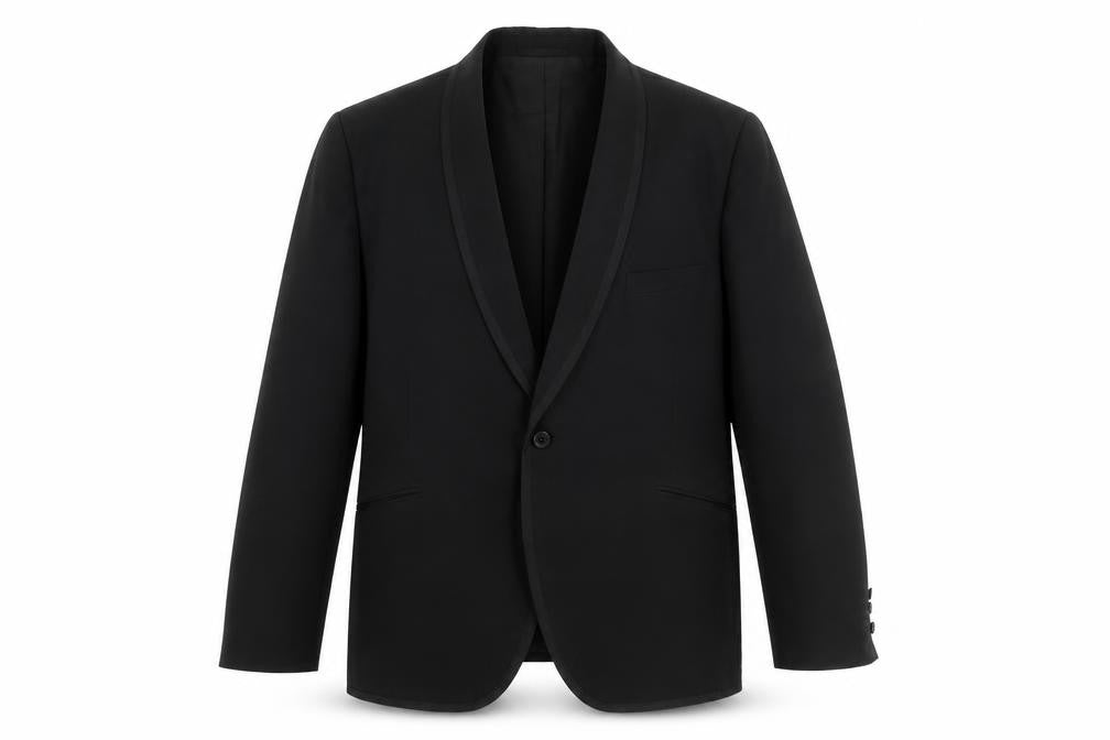 Front view of Blue Quill men’s black wool jacket suit jacket, size L