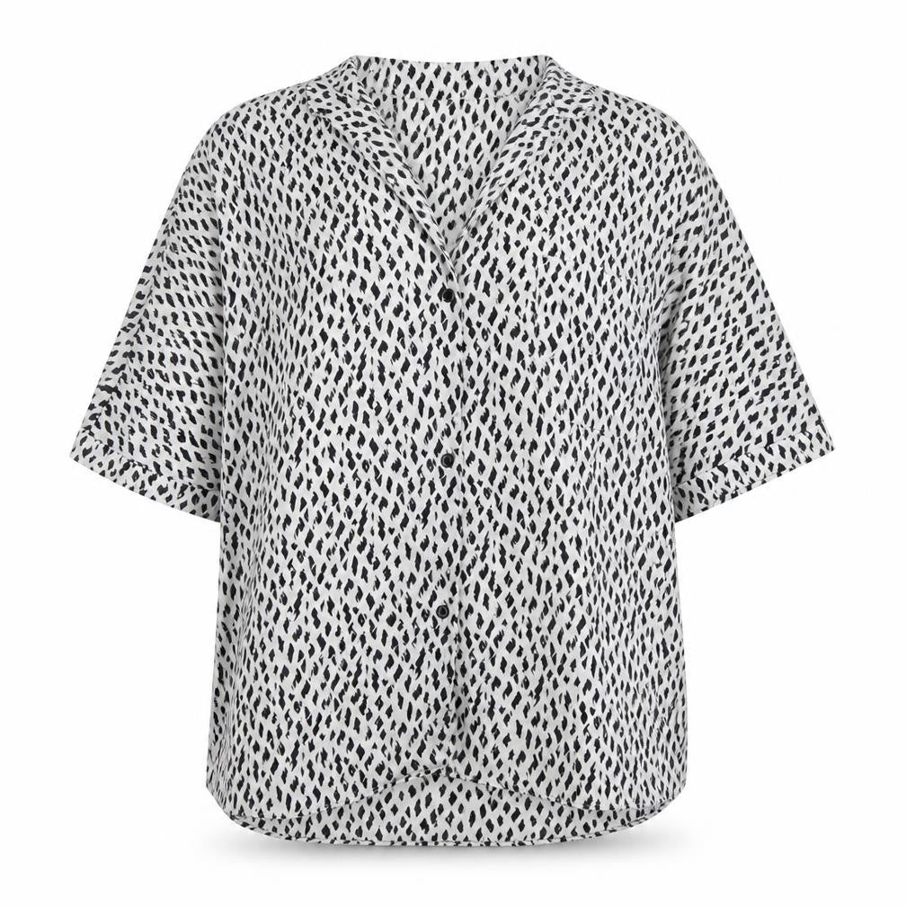 Front view of River Island women’s white geometric polyester basic button-up, size UK 10, v-neck - black and white