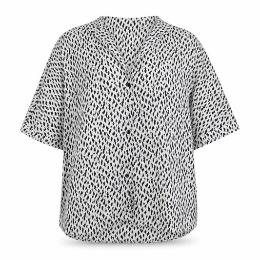 Front view of River Island women’s white geometric polyester basic button-up, size UK 10, v-neck - black and white
