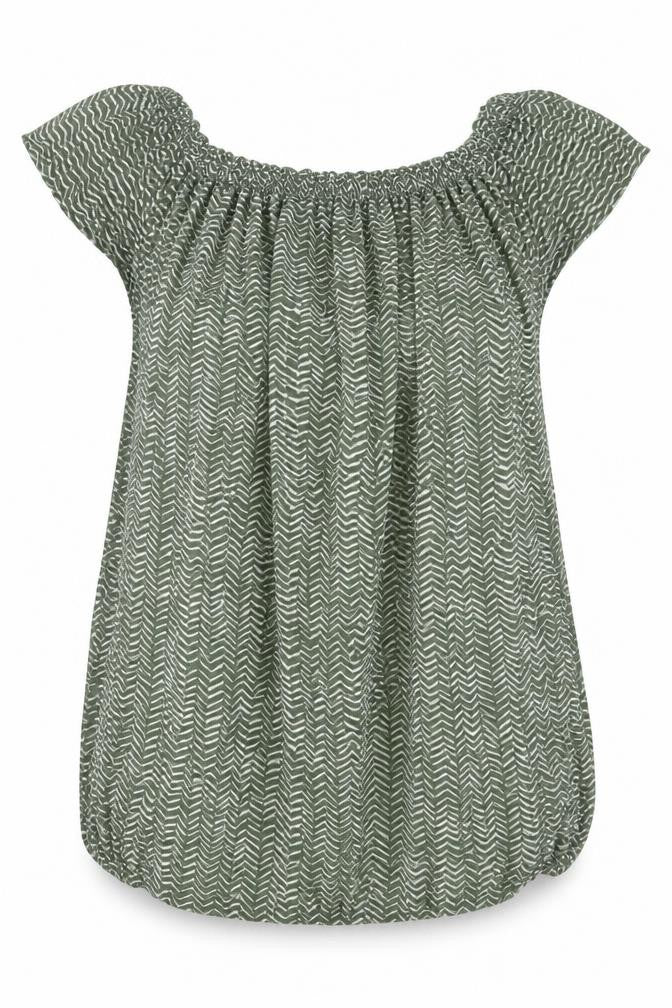 Front view of Primark women’s green geometric viscose basic blouse, size UK 8, off the shoulder