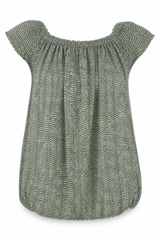 Front view of Primark women’s green geometric viscose basic blouse, size UK 8, off the shoulder