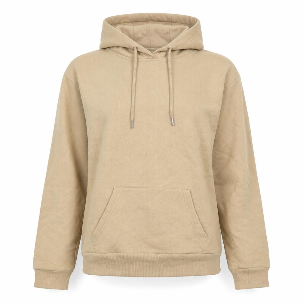 Front view of Primark women’s beige cotton pullover hoodie, size UK 6, pullover