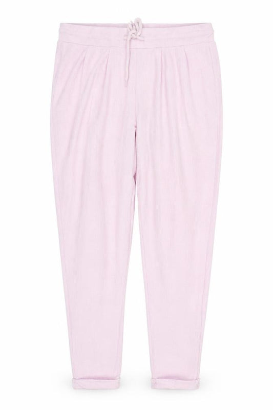 Front view of ASOS women’s pink polyester sweatpants, size UK 12, 27-inch leg regular drawstring