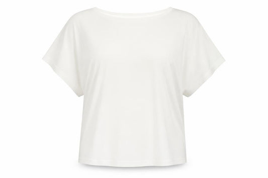 Front view of H&M women’s white polyester basic t-shirt, size M, round neck