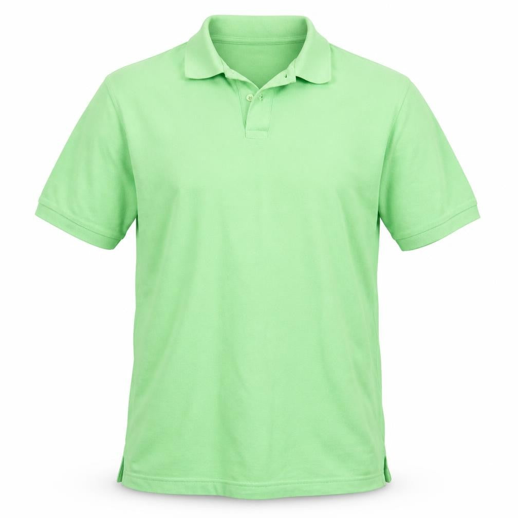 Front view of Dunnes men’s green cotton polo, size L, collared pullover