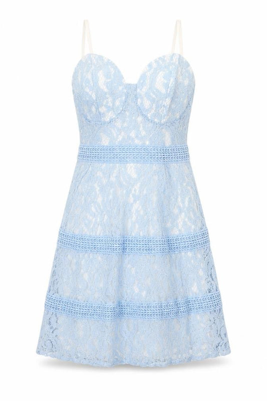 Front view of Boohoo women’s blue polyamide fit & flare, size UK 8, sweetheart zip