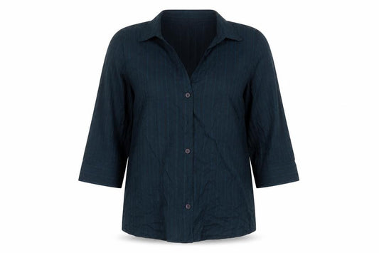 Front view of Wrdrobe women’s blue cotton basic button-up, size UK 12, collared