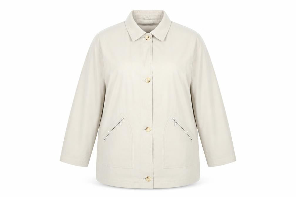 Front view of Danna women’s beige overcoat coat, size UK 18