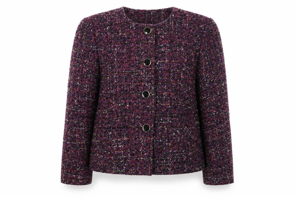 Front view of Marks & Spencer women’s purple overcoat coat, size UK 14