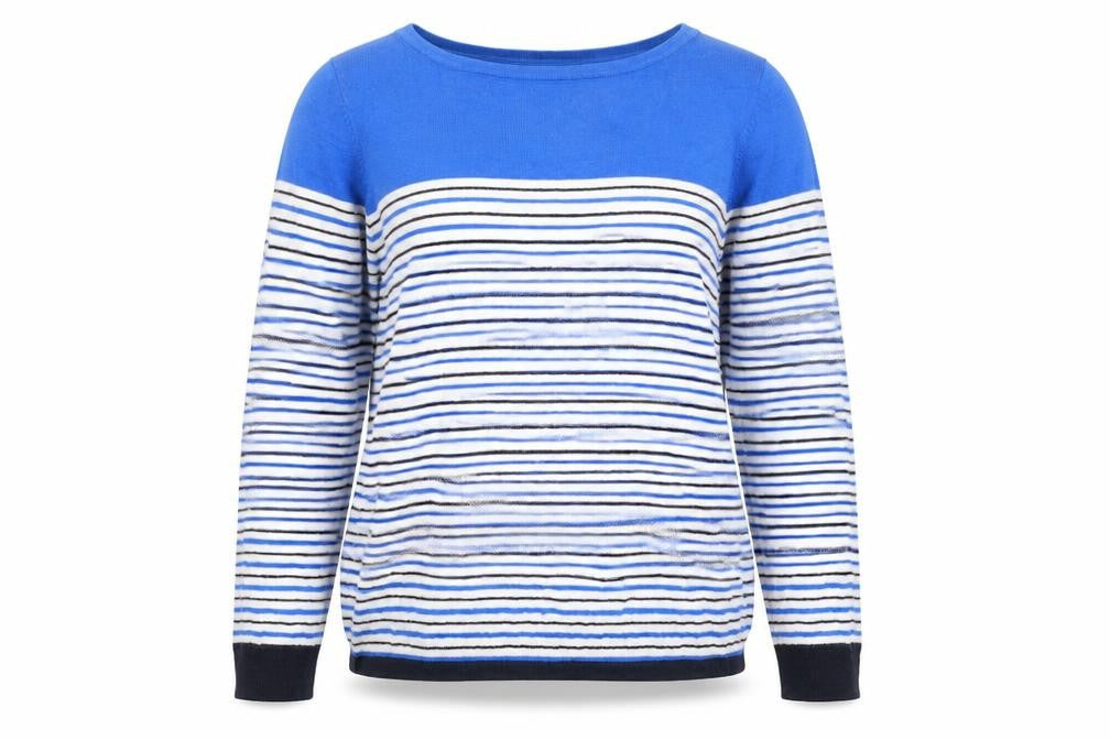 Front view of Ken women’s multicoloured round neck striped cotton jumper, size M