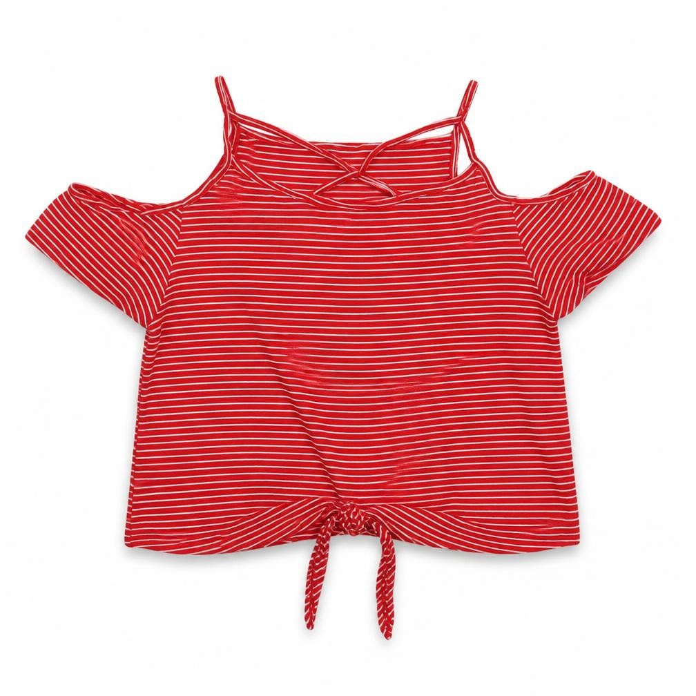 New Look Girls Red Striped Cotton Basic Tank Size 12-13 Years V-Neck Pullover - cold shoulder