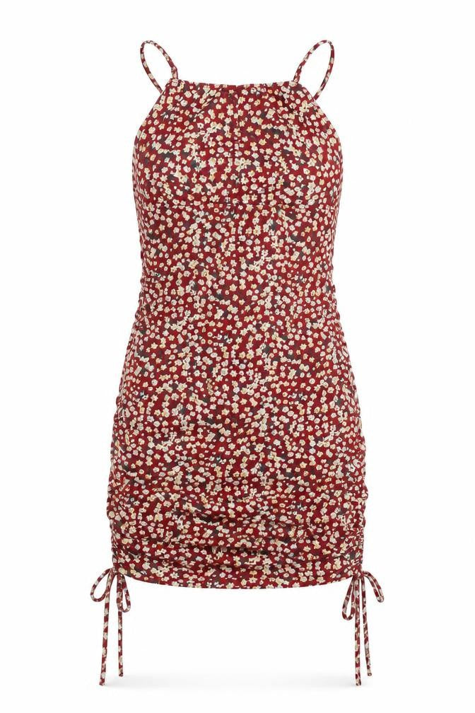 Front view of SHEIN women’s red floral polyester bodycon, size S, square neck pullover