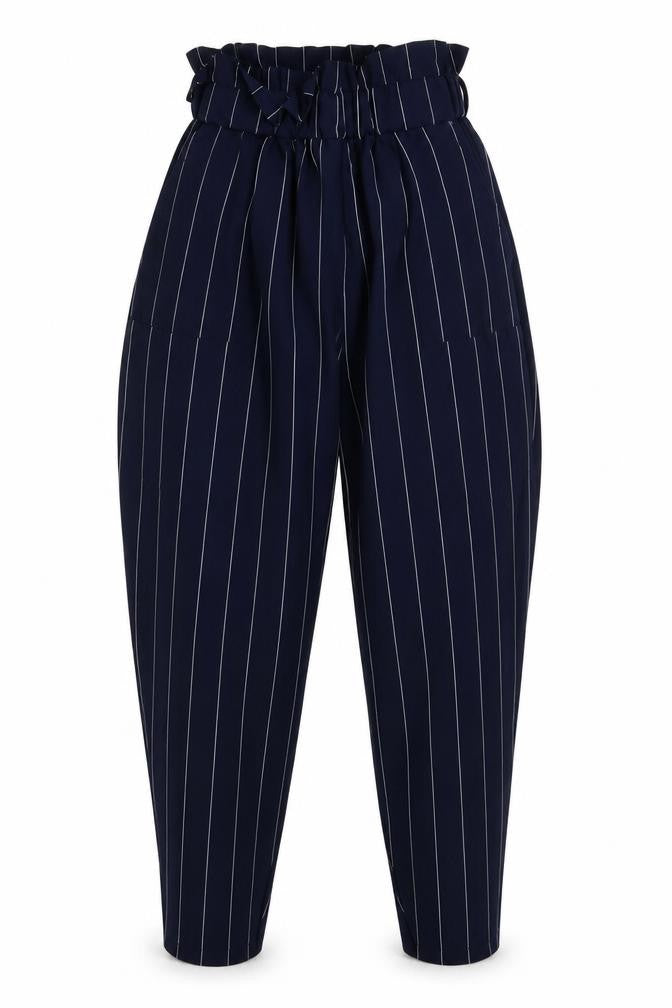 Front view of prewron women’s blue striped polyester trousers, size S, 26-inch leg regular