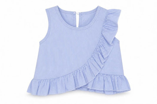 Front view of patpat girls’ blue striped polyester basic tank, size 3, years crew neck button