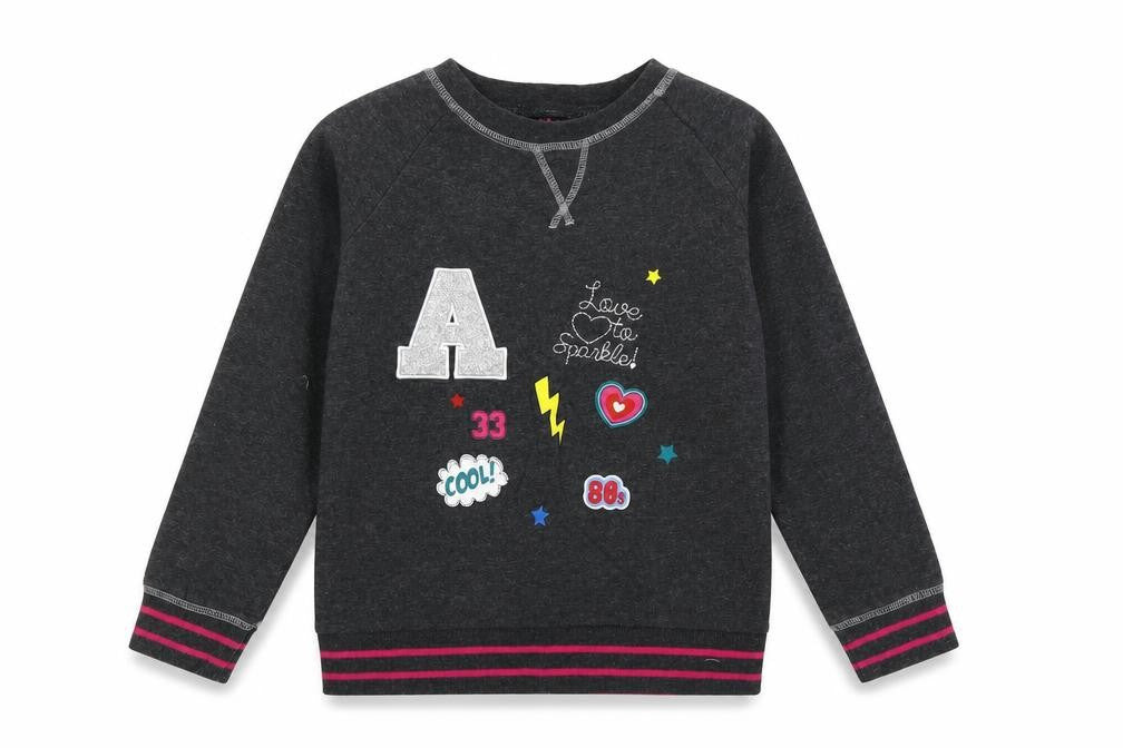Front view of POP girls’ grey crew neck polyester jumper, size 6-7, years pullover - love to sparkly