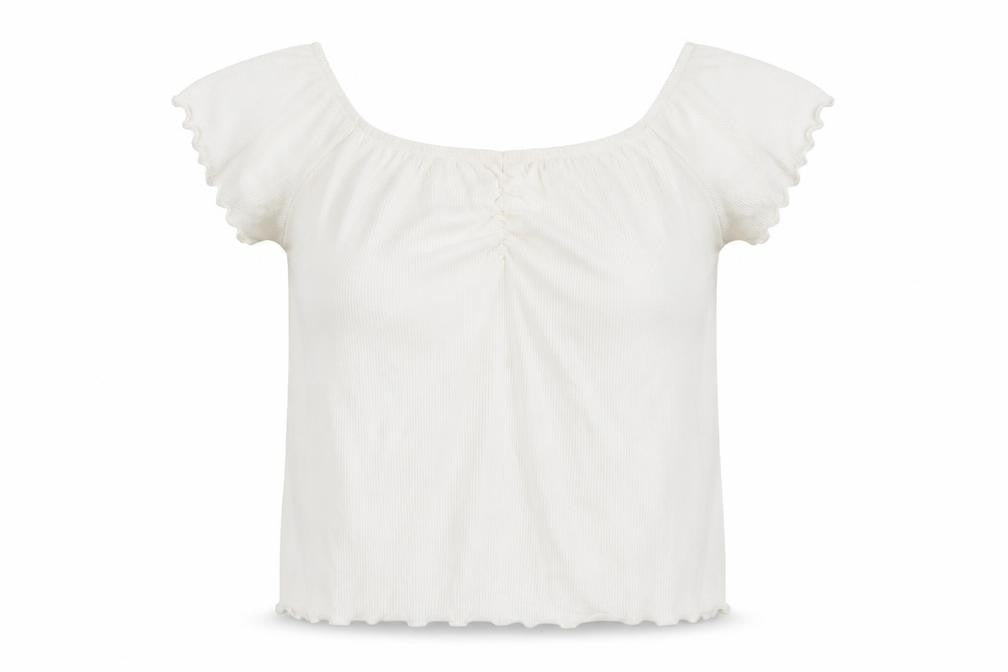 Front view of Stradivarius women’s white viscose cropped blouse, size L, round neck