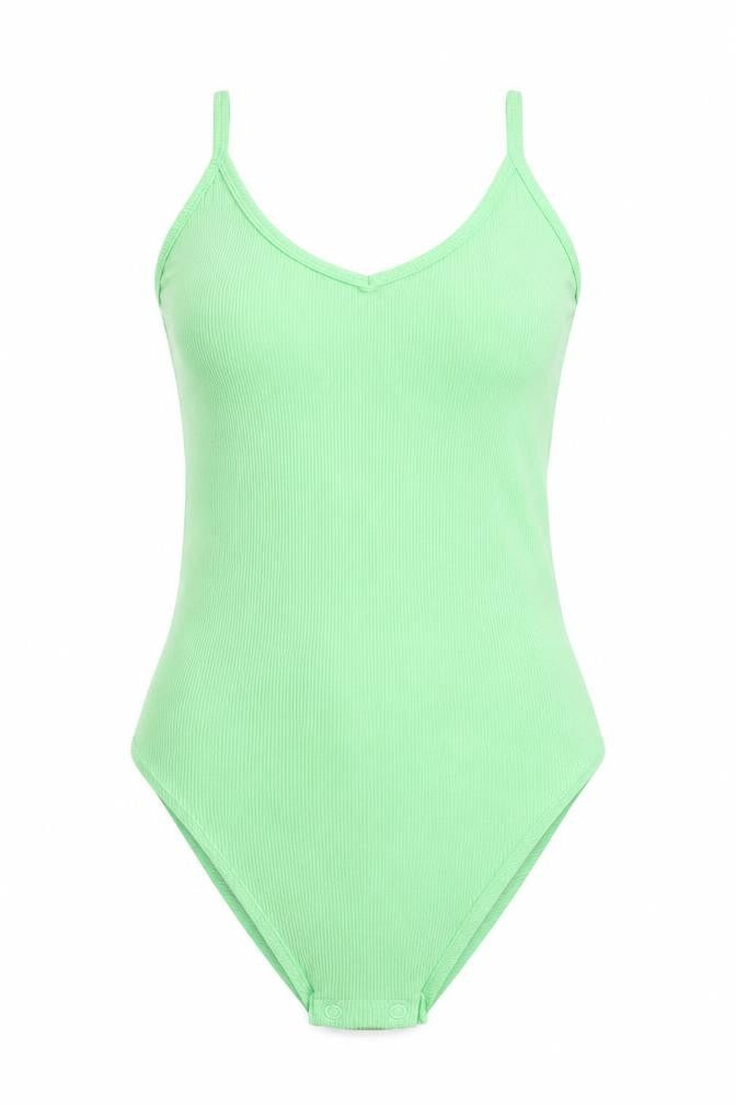 Front view of Primark women’s green polyester bodysuit one-piece, size UK 6, snap