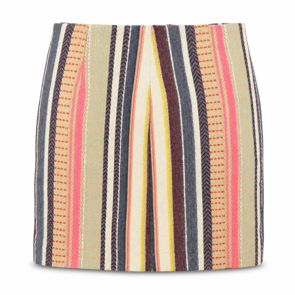 Front view of H&M women’s multicoloured striped cotton mini skirt, size UK 8, zip