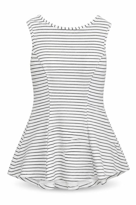 Front view of Atmosphere women’s white striped polyester basic tank, size UK 8, round neck