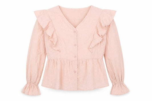 Front view of SHEIN women’s pink polyester basic button-up, size S, v-neck