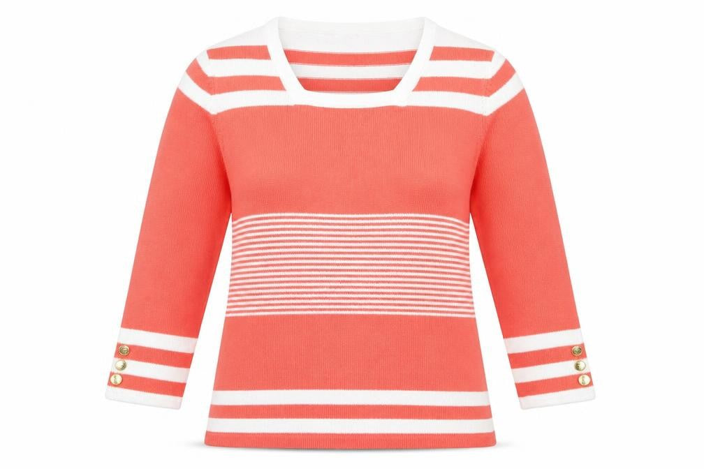 Front view of Preworn women’s pink square neck striped acrylic jumper, size UK 20