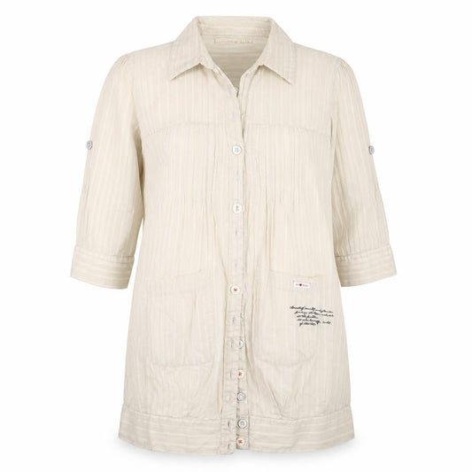 Front view of Preworn women’s beige cotton basic button-up, size UK 10, collared