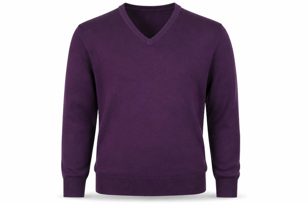 Front view of Morley men’s purple v-neck acrylic jumper, size S