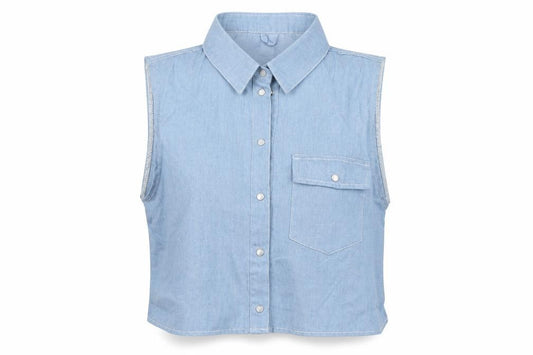 Front view of Lisa London women’s blue cotton cropped button-up, size UK 12, collared