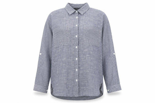 Front view of Primark women’s grey striped cotton basic button-up, size UK 4, collared