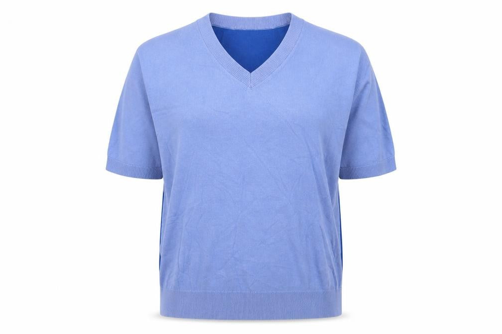 Front view of Marks & Spencer women’s blue v-neck viscose jumper, size UK 12