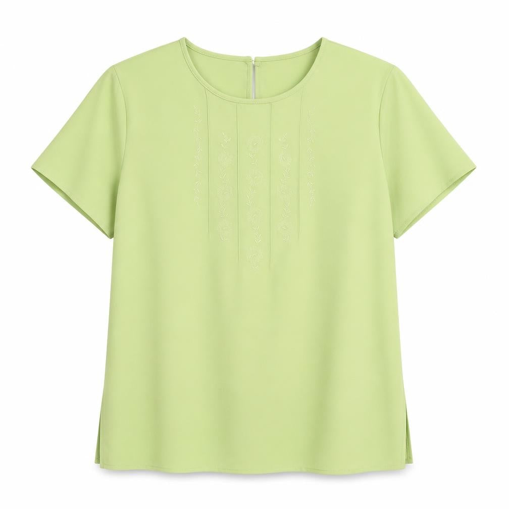 Front view of Marks & Spencer women’s green fair isle polyester basic blouse, size UK 14, crew neck