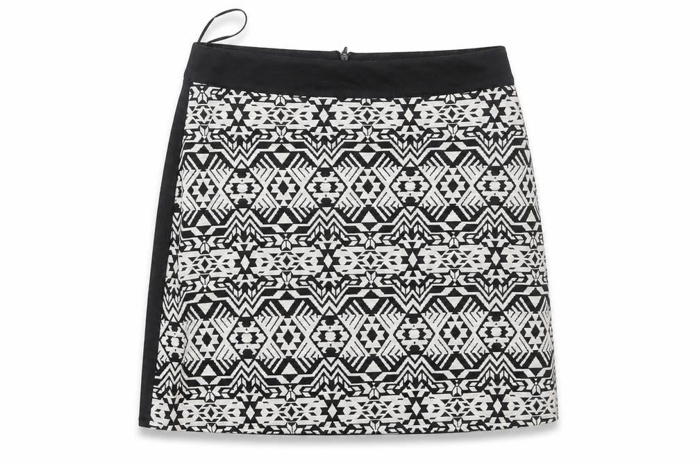 Front view of Primark women’s white geometric polyester a-line skirt, size UK 10, zip